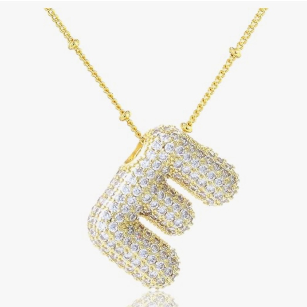 Cubic Zirconia Bubble Gold “E” Initial with Beaded Chain Necklace ONE SIZE